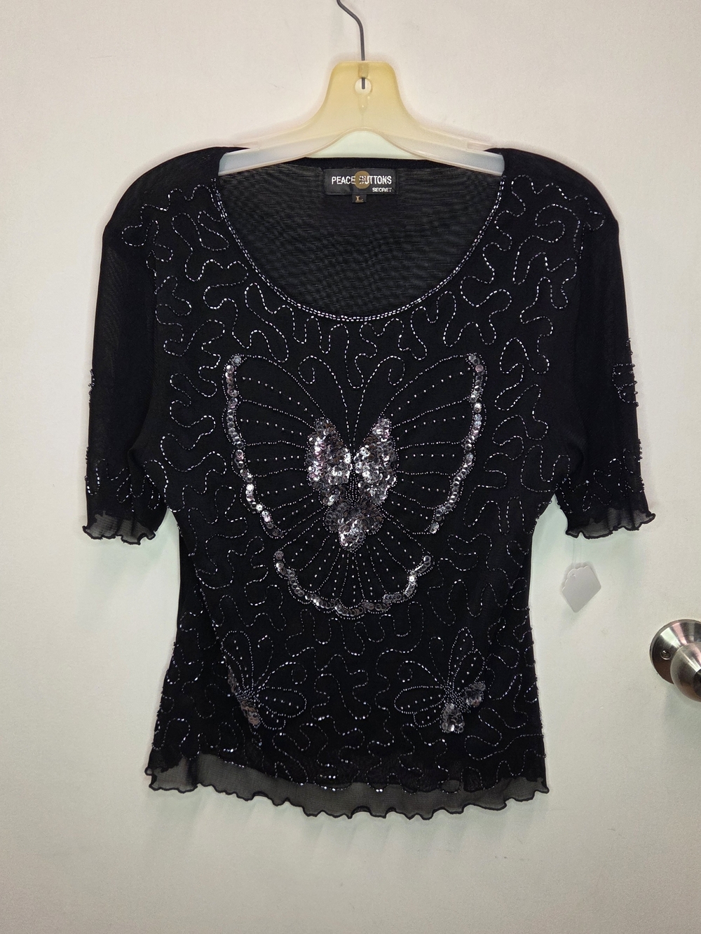 VTG Peace Buttons Secret Butterfly Beaded Mesh Top Large Whimsygoth Y2K